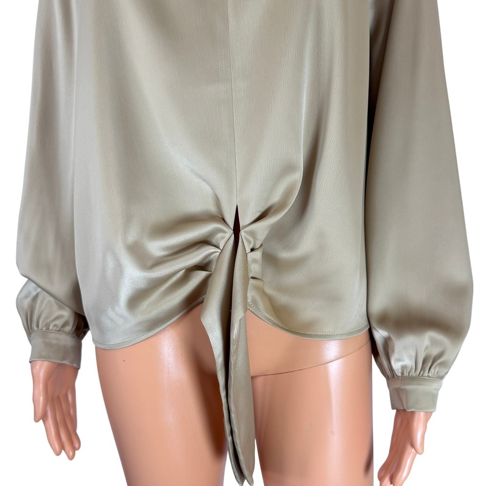 Anne Klein Coffee Cream Tie Front Satin Blouse Long Sleeve V-Neck Top Medium NEW - Picture 14 of 15